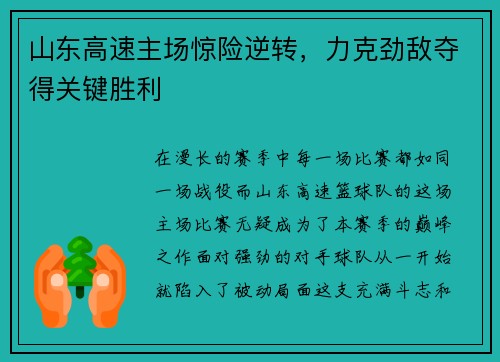 山东高速主场惊险逆转，力克劲敌夺得关键胜利